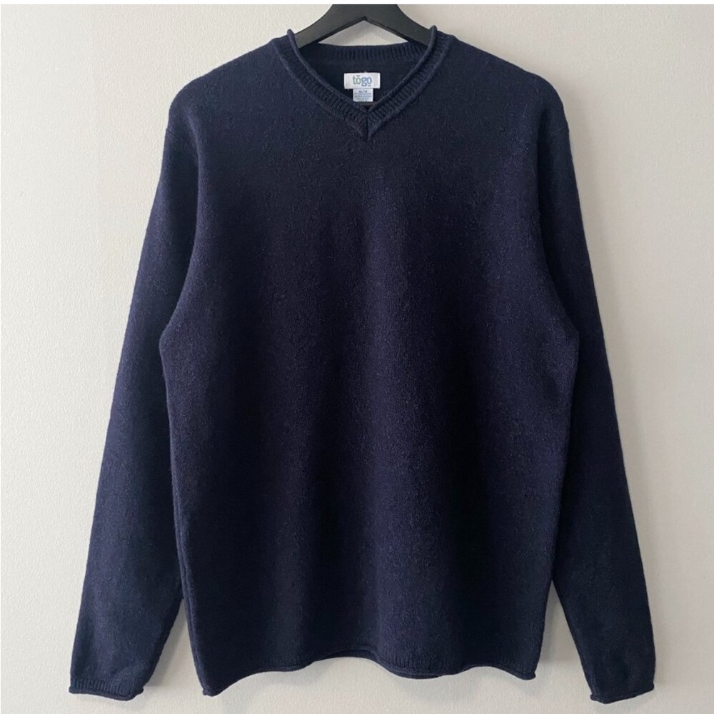 Vintage Togo Dark Blue Lambswool Blend V-Neck Knit Sweater